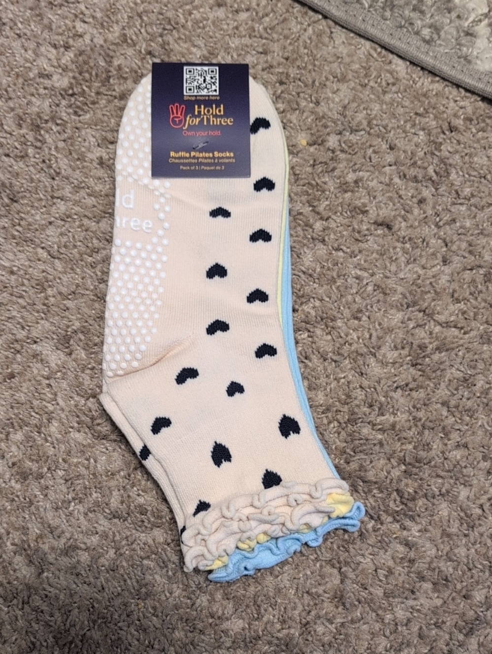 Hold for Three Ruffle Pilates Socks - Cream with Black Heart Dots